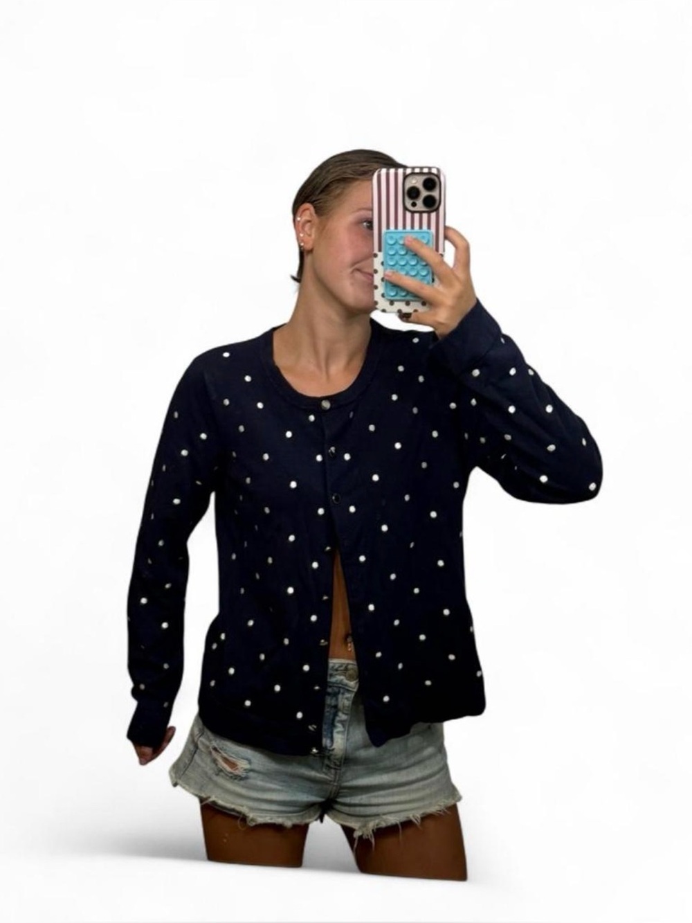 Charter Club Women’s XL Navy and White Polka Dot Cardigan